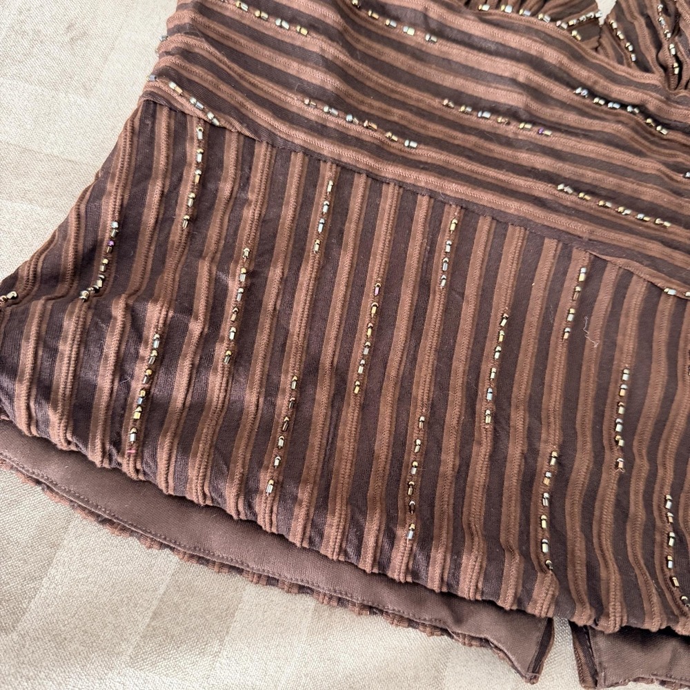 VTG Y2K Cache Top 8 Brown Beaded Halter Camisole Ottoman Stripe Party Blouse - Picture 6 of 16